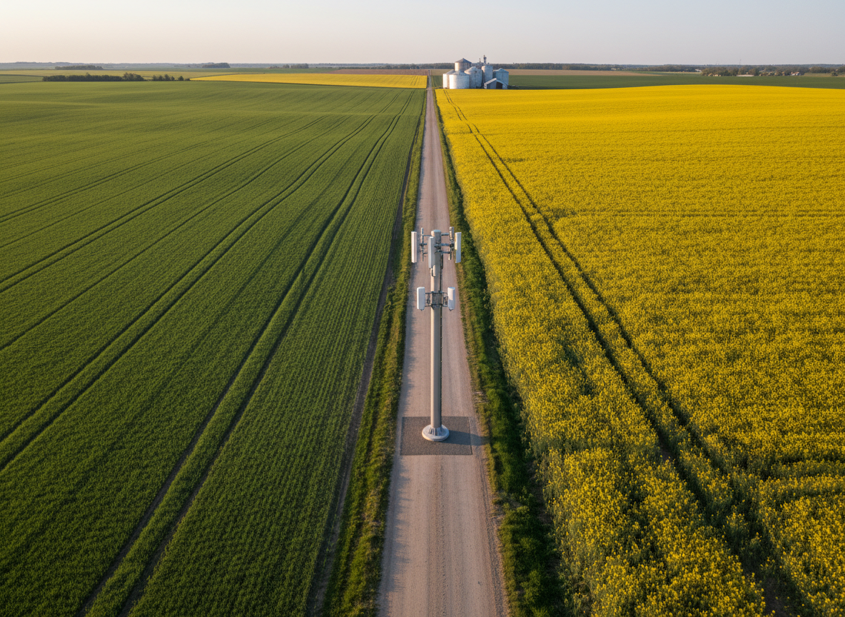 A vast, meticulously organized agricultural landscape viewed from a slightly elevated eye-level perspective, with lush green wheat fields on one side and vibrant yellow canola rows on the other, separated by a smooth dirt service road. At the center of the scene, a sleek, modern metal communications tower with discreet antennas and sensors symbolizes digital connectivity in farming. Late afternoon natural sunlight casts long, soft shadows across the gently rolling terrain, highlighting the parallel planting lines. In the distance, clean, minimalist silos and barns appear slightly blurred, creating depth. The mood is professional and optimistic, with photographic realism, crisp details, and a clean, modern aesthetic that suggests efficiency, innovation, and a strong digital backbone for agricultural operations.