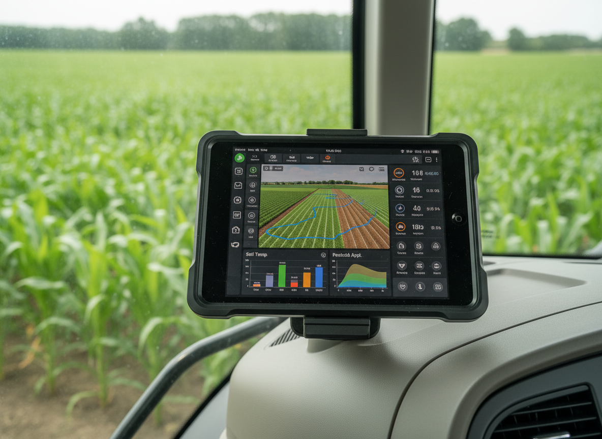 A close-up, photographic realistic view of a rugged agricultural tablet device with a matte black casing and slight dust marks, mounted securely on the dashboard of a spotless modern tractor interior. The tablet screen displays a colorful, data-rich farm management dashboard with field maps, moisture levels, and growth charts, all in clear, sharp graphics. Outside the slightly blurred windshield, neatly planted cornfields stretch toward the horizon under bright but diffused daylight. Soft natural light from the side window creates subtle reflections on the screen edges and gentle shadows on the console. The composition uses a shallow depth of field, focusing on the tablet as the digital brain of the operation. The atmosphere is professional, precise, and technologically advanced, emphasizing smart project management and data-driven agricultural decisions.